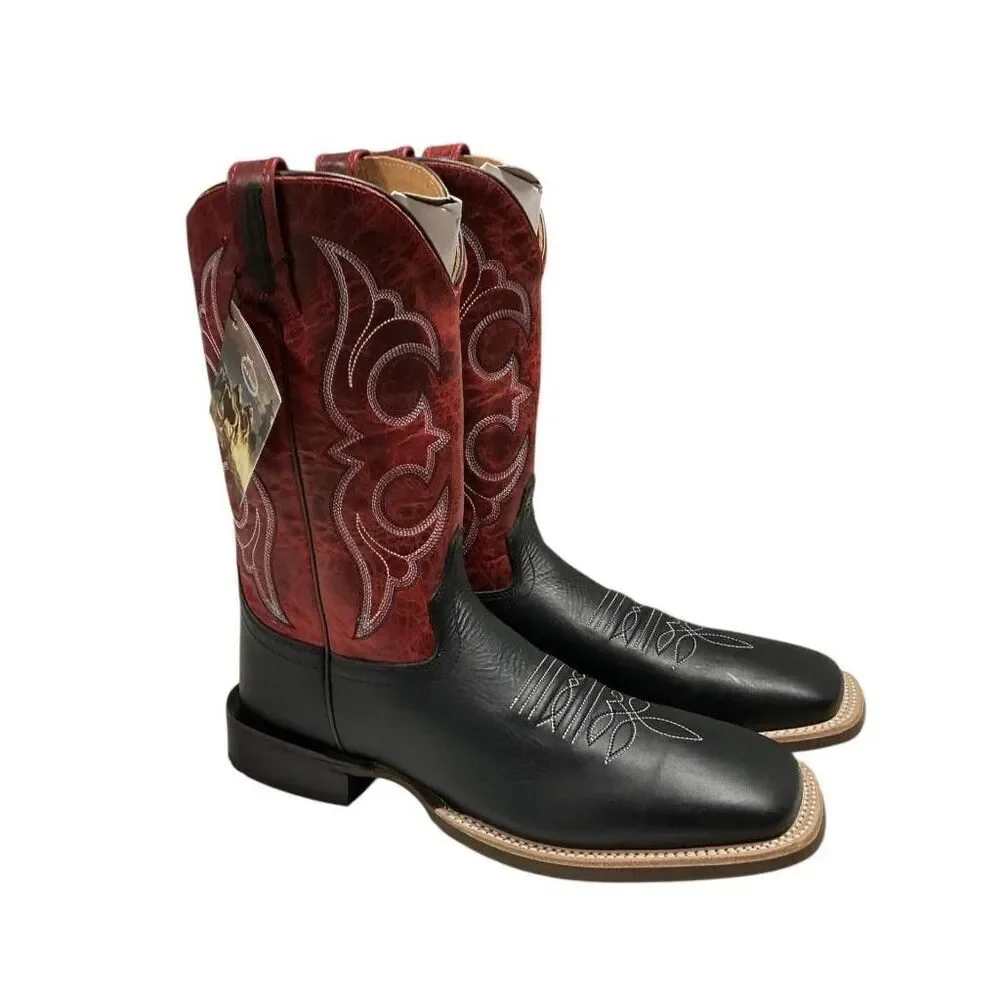 Old West Cowboy Boots Men 7.5 Red Black Leather Square Toe Embroidery Western